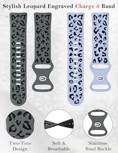 Minyee 3 Packs Leopard Engraved Band Fitbit Charge 6 Bands/Fitbit Charge 5 Bands Women, Two-Tone Cheetah Soft Silicone Sport Designer Summer Replacement Wristband Strap for Charge 6/5 bilan mos keladi - 5