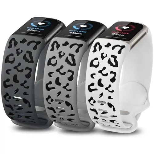 Minyee 3 Packs Leopard Engraved Band Compatible with Fitbit Charge 6 Bands/Fitbit Charge 5 Bands Women, Two-Tone Cheetah Soft Silicone Sport Designer Summer Replacement Wristband Strap for Charge 6/5 