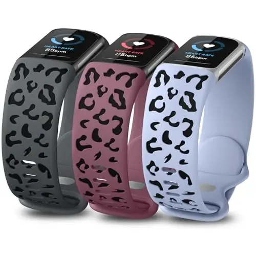 Minyee 3 Packs Leopard Engraved Band Compatible with Fitbit Charge 6 Bands/Fitbit Charge 5 Bands Women, Two-Tone Cheetah Soft Silicone Sport Designer Summer Replacement Wristband Strap for Charge 6/5 