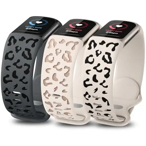 Minyee 3 Packs Leopard Engraved Band Compatible with Fitbit Charge 6 Bands/Fitbit Charge 5 Bands Women, Two-Tone Cheetah Soft Silicone Sport Designer Summer Replacement Wristband Strap for Charge 6/5 - Modazone