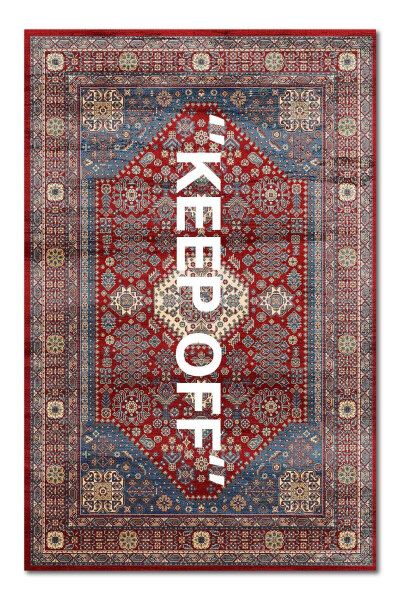 Mira 1134 Qizil Vintaj Fors Halisi Mavzusiga ega 'Keep Off' Yozuvi bilan to'qilgan to'shak gilami - RUGS MODERN HALI