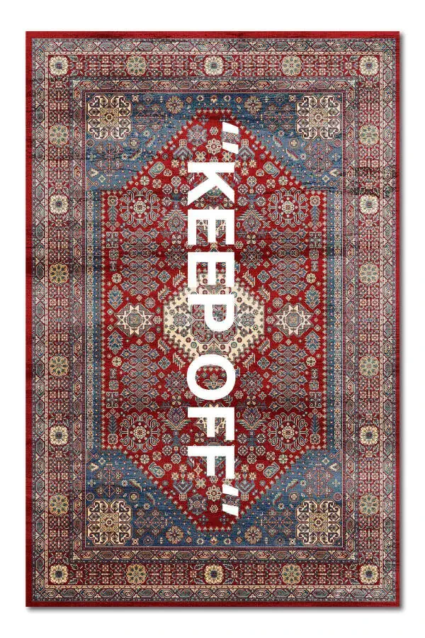 Mira 1134 Red Vintage Persian Rug Themed 'Keep Off' Textured Woven Floor Mat - 1