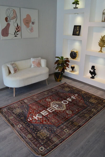 Mira 1134 Red Vintage Persian Rug Themed 'Keep Off' Textured Woven Floor Mat - RUGS MODERN HALI (1)