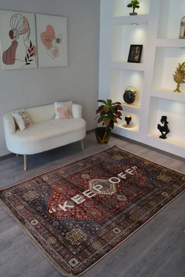 Mira 1134 Red Vintage Persian Rug Themed 'Keep Off' Textured Woven Floor Mat - 2