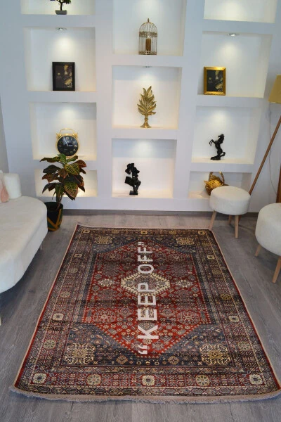 Mira 1134 Red Vintage Persian Rug Themed 'Keep Off' Textured Woven Floor Mat - 3