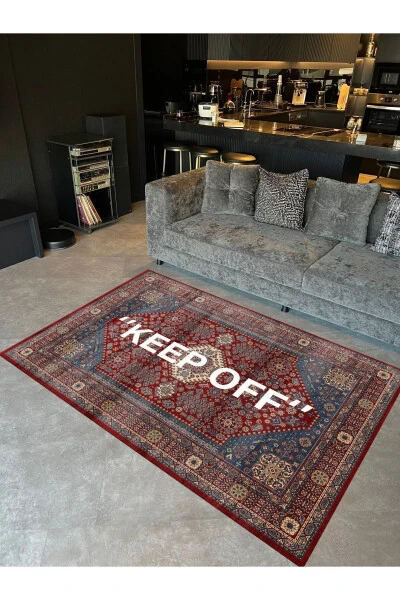Mira 1134 Red Vintage Persian Rug Themed 'Keep Off' Textured Woven Floor Mat - 4