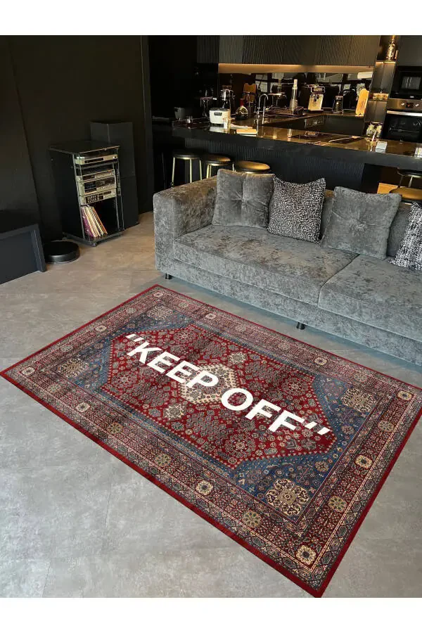 Mira 1134 Red Vintage Persian Rug Themed 'Keep Off' Textured Woven Floor Mat - 4
