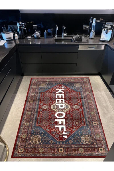Mira 1134 Red Vintage Persian Rug Themed 'Keep Off' Textured Woven Floor Mat - 5