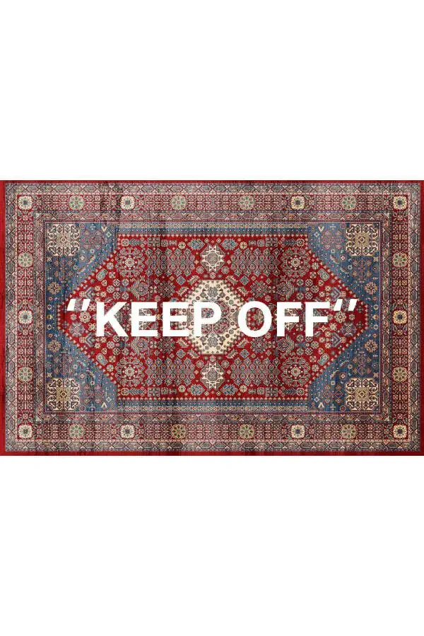 Mira 1134 Red Vintage Persian Rug Themed 'Keep Off' Textured Woven Floor Mat - 6