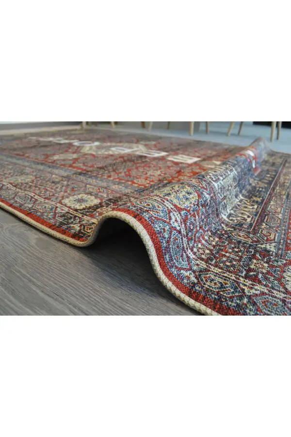 Mira 1134 Red Vintage Persian Rug Themed 'Keep Off' Textured Woven Floor Mat - 7