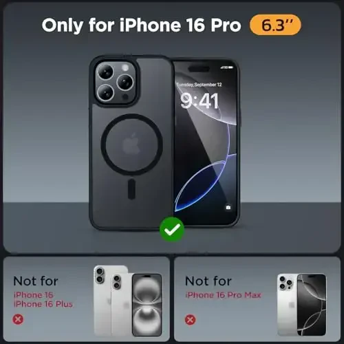 Miracase 2025 yangilangan magnitli iPhone 16 Pro uchun g'ilof [MagSafe bilan mos] [2X ekran himoyachisi bilan] Harbiy darajadagi himoya, barmoq izlariga qarshi, 16 Pro 6,3 dyuym uchun ingichka telefon g'ilofi - Qora - 2