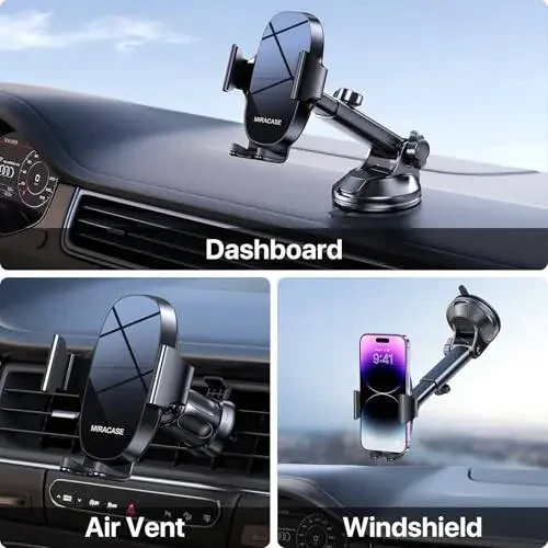 Miracase 3-in-1 Cell Phone Holders for Your Car, Universal Car Phone Holder Mount for Car Dashboard Air Vent Windshield Compatible with iPhone 15 14 13 12 11 Pro Max Xs XR X, Galaxy Black - 16
