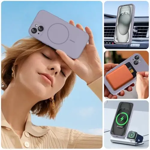 Miracase Compatible with iPhone 15 Case, [Soft Anti-Scratch Microfiber Lining], Compatible with MagSafe, Liquid Silicone Case Shockproof Drop Protection Phone Sleeve Case for 15,Lavender Gray - 6