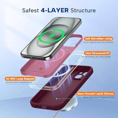 Miracase Magnetic for iPhone 15 Case, [Soft Anti-Scratch Microfiber Lining], Compatible with MagSafe, Liquid Silicone Case Shockproof Drop Protection Phone Case for 15,Wine Red - 3