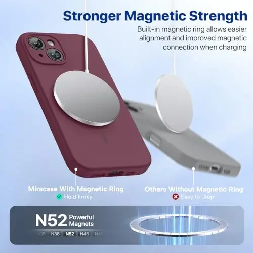 Miracase Magnetic for iPhone 15 Case, [Soft Anti-Scratch Microfiber Lining], Compatible with MagSafe, Liquid Silicone Case Shockproof Drop Protection Phone Case for 15,Wine Red - 5