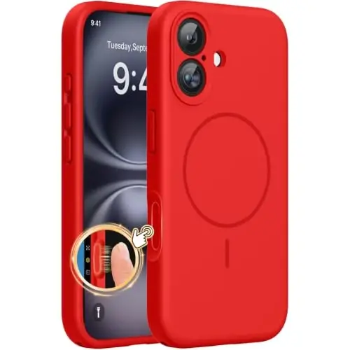 Miracase Compatible with iPhone 16 Case, [Soft Anti-Scratch Microfiber Lining], Compatible with MagSafe, Liquid Silicone Case Shockproof Drop Protection Phone Case for 16,Red 