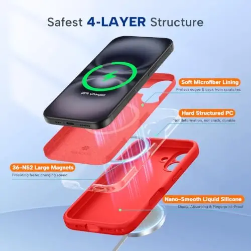 Miracase Compatible with iPhone 16 Case, [Soft Anti-Scratch Microfiber Lining], Compatible with MagSafe, Liquid Silicone Case Shockproof Drop Protection Phone Case for 16,Red - 5