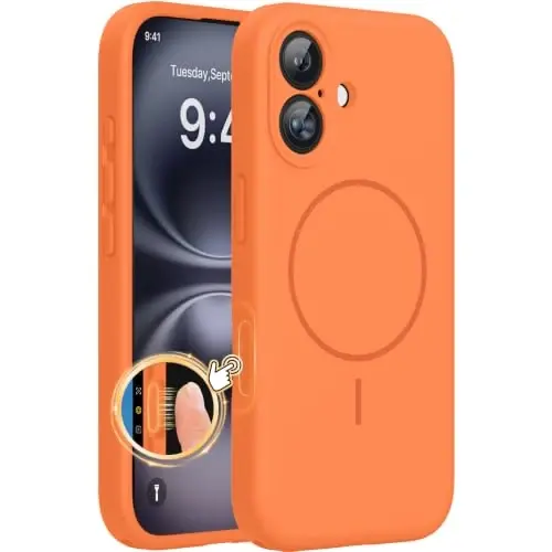 Miracase Compatible with iPhone 16 Case, [Soft Anti-Scratch Microfiber Lining], Compatible with MagSafe, Liquid Silicone Case Shockproof Drop Protection Phone Case for 16,Sunset Orange 