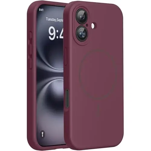 Miracase Compatible with iPhone 16 Case, [Soft Anti-Scratch Microfiber Lining], Compatible with MagSafe, Liquid Silicone Case Shockproof Drop Protection Phone Case for 16,Wine Red - 1