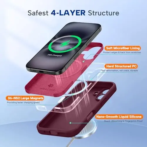 Miracase Compatible with iPhone 16 Case, [Soft Anti-Scratch Microfiber Lining], Compatible with MagSafe, Liquid Silicone Case Shockproof Drop Protection Phone Case for 16,Wine Red - 3