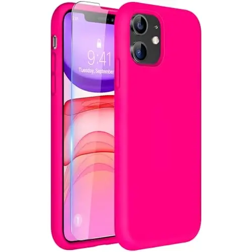Miracase Designed for iPhone 11 Phone Case, with Screen Protector, Liquid Silicone Gel Rubber Full Body Drop Protection Shockproof Cover Phone Case for iPhone 11 6.1 inch, Hot Pink - 1