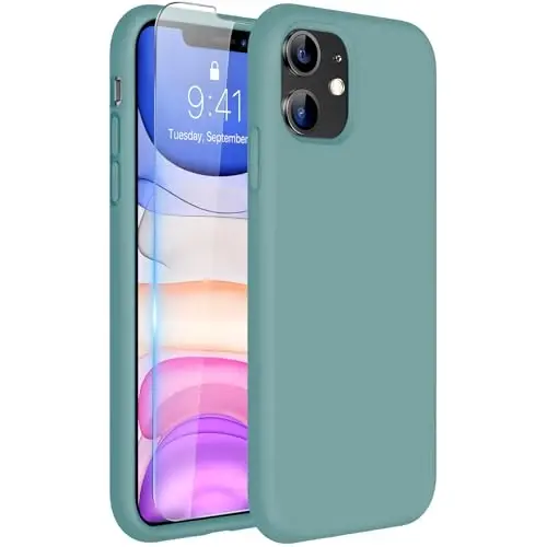 Miracase Designed for iPhone 11 Phone Case, with Screen Protector, Liquid Silicone Gel Rubber Full Body Drop Protection Shockproof Cover Phone Case for iPhone 11 6.1 inch, Midnight Green - 1
