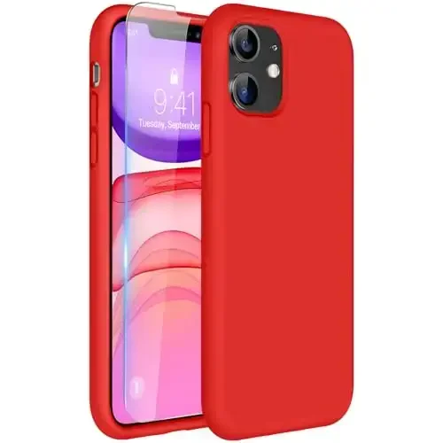 Miracase Designed for iPhone 11 Phone Case, with Screen Protector, Liquid Silicone Gel Rubber Full Body Drop Protection Shockproof Cover Phone Case for iPhone 11 6.1 inch, Red - MIRACASE