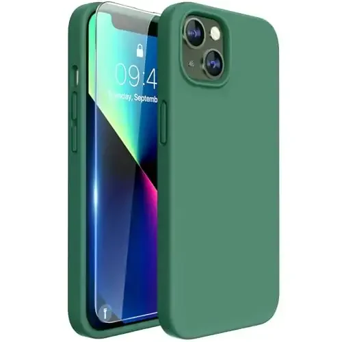 Miracase Designed for iPhone 13 Case, with Tempered Glass Screen Protector, [Soft Anti-Scratch Microfiber Lining], Shockproof Liquid Silicone Rubber Phone Case Cover for 13 6.1 inch, Acacia Green - 1