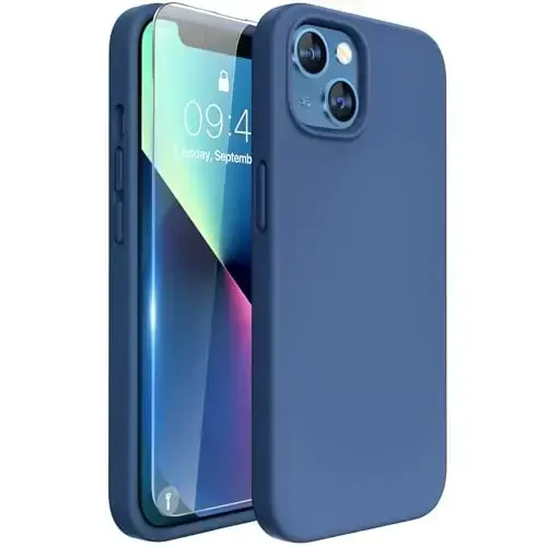 Miracase Designed for iPhone 13 Case, with Tempered Glass Screen Protector, [Soft Anti-Scratch Microfiber Lining], Shockproof Liquid Silicone Rubber Phone Case Cover for 13 6.1 inch, Glass Blue - 1