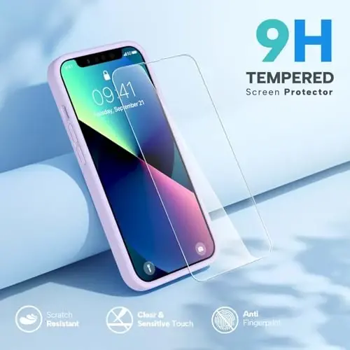 Miracase Designed for iPhone 13 Case, with Tempered Glass Screen Protector, [Soft Anti-Scratch Microfiber Lining], Shockproof Liquid Silicone Rubber Phone Case Cover for 13 6.1 inch, Light Purple - 3