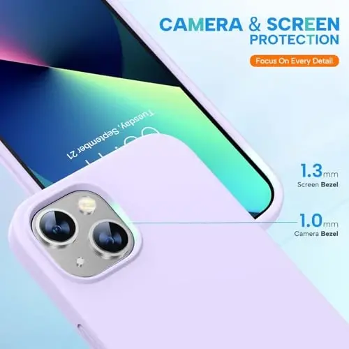 Miracase Designed for iPhone 13 Case, with Tempered Glass Screen Protector, [Soft Anti-Scratch Microfiber Lining], Shockproof Liquid Silicone Rubber Phone Case Cover for 13 6.1 inch, Light Purple - 5