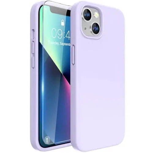 Miracase Designed for iPhone 13 Case, with Tempered Glass Screen Protector, [Soft Anti-Scratch Microfiber Lining], Shockproof Liquid Silicone Rubber Phone Case Cover for 13 6.1 inch, Light Purple 