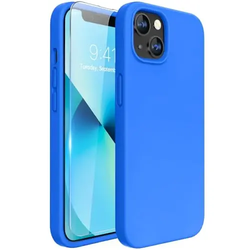 Miracase Designed for iPhone 13 Case, with Tempered Glass Screen Protector, [Soft Anti-Scratch Microfiber Lining], Shockproof Liquid Silicone Rubber Phone Case for 13 6.1 inch, Mediterranean Blue 