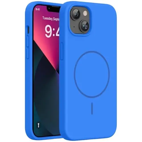 Miracase Designed for iPhone 13 Case, with Tempered Glass Screen Protector, [Soft Anti-Scratch Microfiber Lining], Shockproof Liquid Silicone Rubber Phone Case for 13 6.1 inch, Mediterranean Blue 