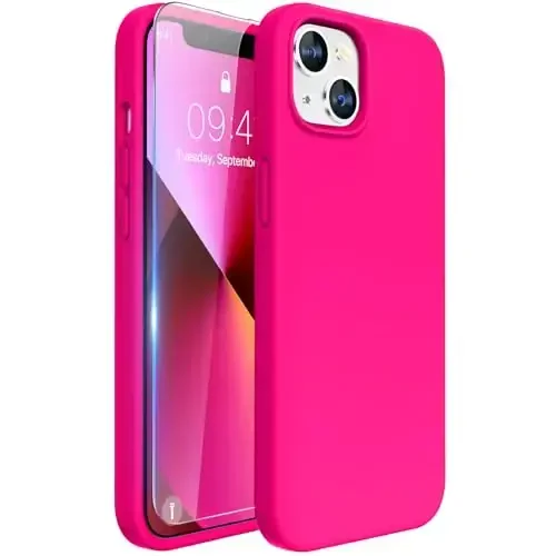 Miracase Designed for iPhone 13 Case, with Tempered Glass Screen Protector, [Soft Anti-Scratch Microfiber Lining], Shockproof Liquid Silicone Rubber Phone Cover Case for 13 6.1 inch, Hot Pink - 1