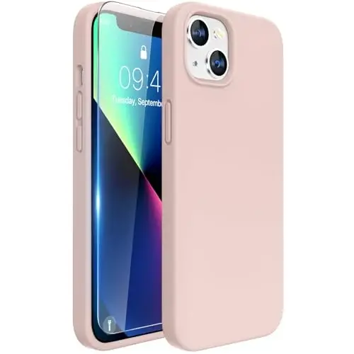 Miracase Designed for iPhone 13 Case, with Tempered Glass Screen Protector, [Soft Anti-Scratch Microfiber Lining], Shockproof Liquid Silicone Rubber Phone Cover Case for 13 6.1 inch, Sand Pink 