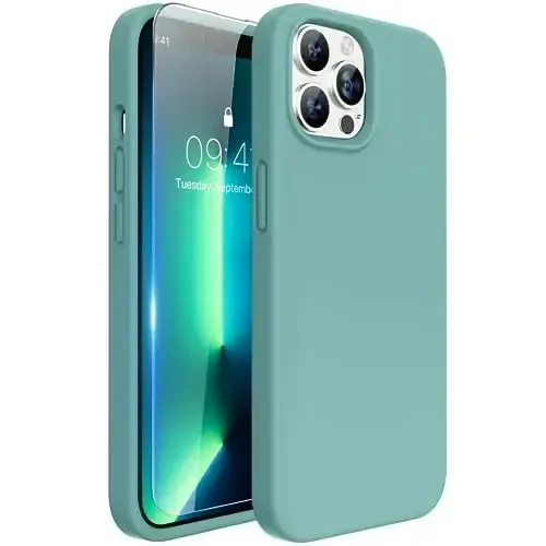 Miracase Designed for iPhone 13 Pro Case, with Tempered Glass Screen Protector, [Soft Anti-Scratch Microfiber Lining], Shockproof Liquid Silicone Phone Case Cover for 13 Pro 6.1 inch, Midnight Green - MIRACASE