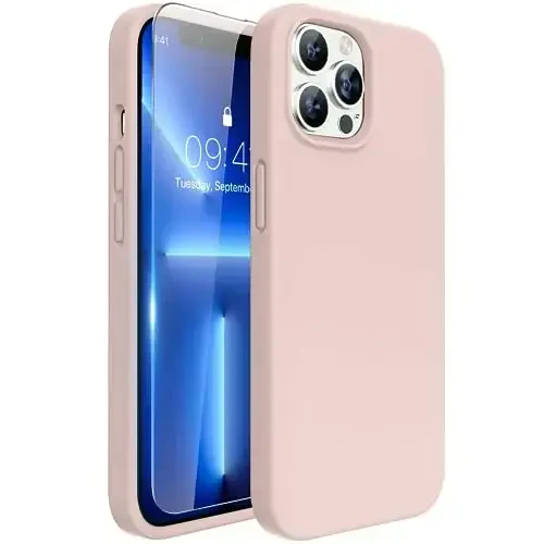 Miracase Designed for iPhone 13 Pro Case, with Tempered Glass Screen Protector, [Soft Anti-Scratch Microfiber Lining], Shockproof Liquid Silicone Phone Case Cover for 13 Pro 6.1 inch, Sand Pink - 1