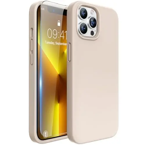 Miracase Designed for iPhone 13 Pro Max Case with Screen Protector,[Soft Anti-Scratch Microfiber Lining],Shockproof Liquid Silicone Rubber Phone Case Cover 6.7 inch, Bean Yellow 