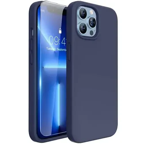 Miracase Designed for iPhone 13 Pro Max Case with Screen Protector,[Soft Anti-Scratch Microfiber Lining],Shockproof Liquid Silicone Rubber Phone Case Cover 6.7 inch, Dark Blue - 1