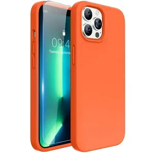 Miracase Designed for iPhone 13 Pro Max Case with Screen Protector,[Soft Anti-Scratch Microfiber Lining],Shockproof Liquid Silicone Rubber Phone Case Cover 6.7 inch, Orange - 1