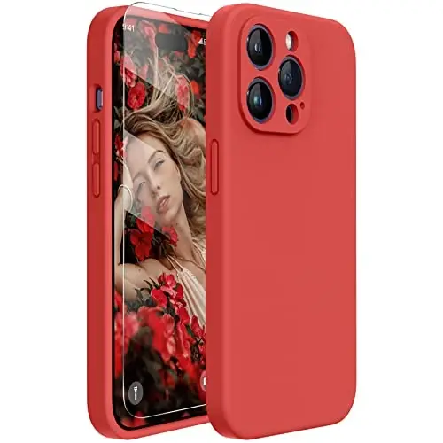 Miracase Designed for iPhone 14 Case with Screen Protector,[Upgraded Enhanced Camera Protection],Shockproof Liquid Silicone Case with Microfiber Lining, 6.1 inch, Coral Red - MIRACASE