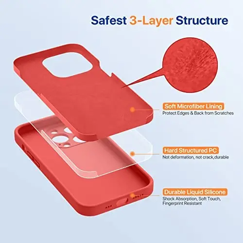Miracase Designed for iPhone 14 Case with Screen Protector,[Upgraded Enhanced Camera Protection],Shockproof Liquid Silicone Case with Microfiber Lining, 6.1 inch, Coral Red - 5