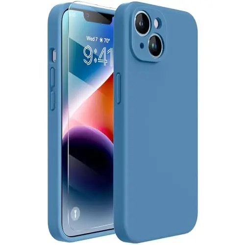 Miracase Designed for iPhone 14 Case with Screen Protector,[Upgraded Enhanced Camera Protection],Shockproof Liquid Silicone Case with Microfiber Lining, 6.1 inch,Capri Blue 