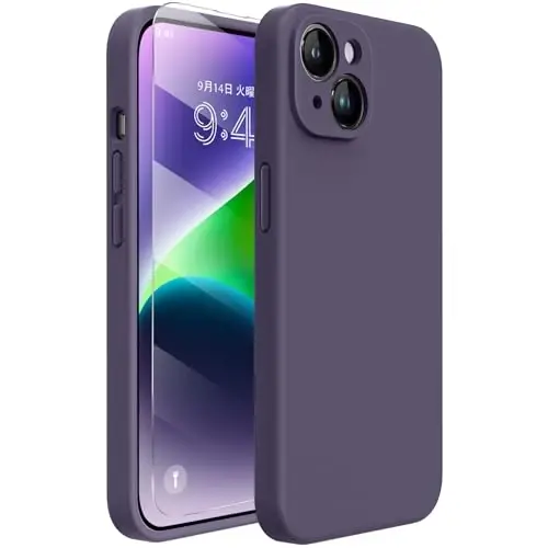 Miracase Designed for iPhone 14 Case with Screen Protector,[Upgraded Enhanced Camera Protection],Shockproof Liquid Silicone Case with Microfiber Lining, 6.1 inch,Dark Purple 