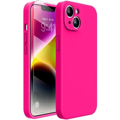 Miracase Designed for iPhone 14 Case with Screen Protector,[Upgraded Enhanced Camera Protection],Shockproof Liquid Silicone Case with Microfiber Lining, 6.1 inch,Hot Pink - 1