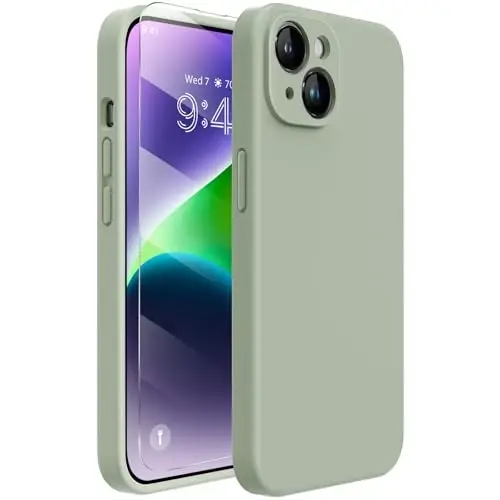 Miracase Designed for iPhone 14 Case with Screen Protector,[Upgraded Enhanced Camera Protection],Shockproof Liquid Silicone Case with Microfiber Lining, 6.1 inch,Patina Green - 1