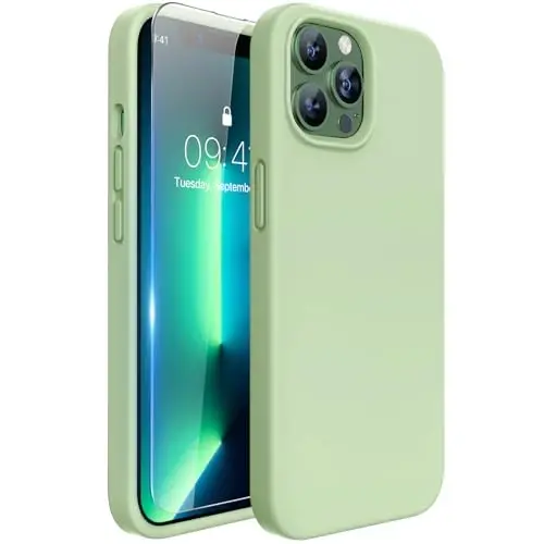Miracase Designed for iPhone 14 Case, with Tempered Glass Screen Protector, [Soft Anti-Scratch Microfiber Lining], Shockproof Crossbody & Lanyard Case Cover for 13 6.1 inch,Matcha Green 