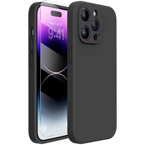 Miracase Designed for iPhone 14 Pro Case with Screen Protector, [Upgraded Camera Protection], Shockproof Liquid Silicone Rubber Phone Case Cover for 14 Pro 6.1 inch, Black 
