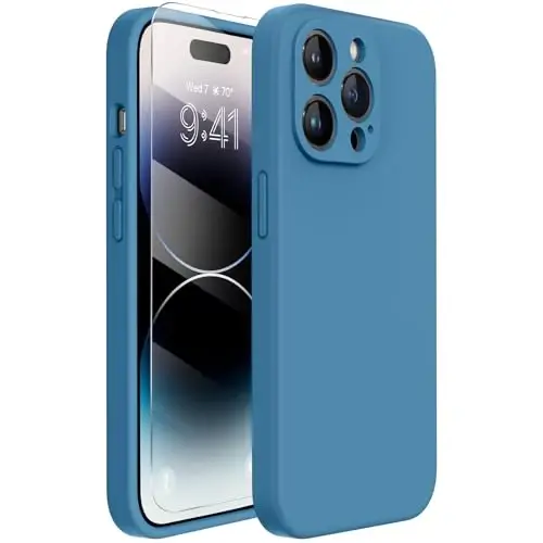 Miracase Designed for iPhone 14 Pro Case with Screen Protector, [Upgraded Camera Protection], Shockproof Liquid Silicone Rubber Phone Case Cover for 14 Pro 6.1 inch, Capri Blue - MIRACASE